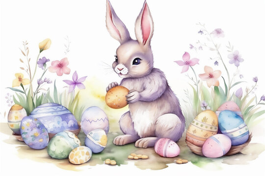 easter bunny paints eggs, pastel colors, watercolor