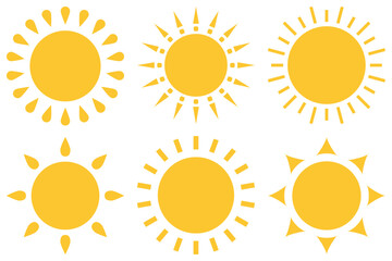 Sun icon set, yellow color hot, warm sunny summer flat style vector design. Sunlight, nature, sky object illustration graphic symbol isolated on white background.