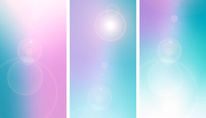 Unusual backgrounds for stories, set of 3 images. Abstract blue pink blurred background with len flare effect. gradient, bokeh.