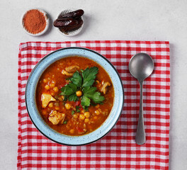Moroccan Harira Soup in blue bowl at grey concrete table top and red napkin. top view