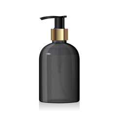 Black glass round bottle with golden pump with liquid inside isolated on white background. Transparent plastic packaging. Shampoo or soap dispenser. 3d vector cosmetic bottle mockup template