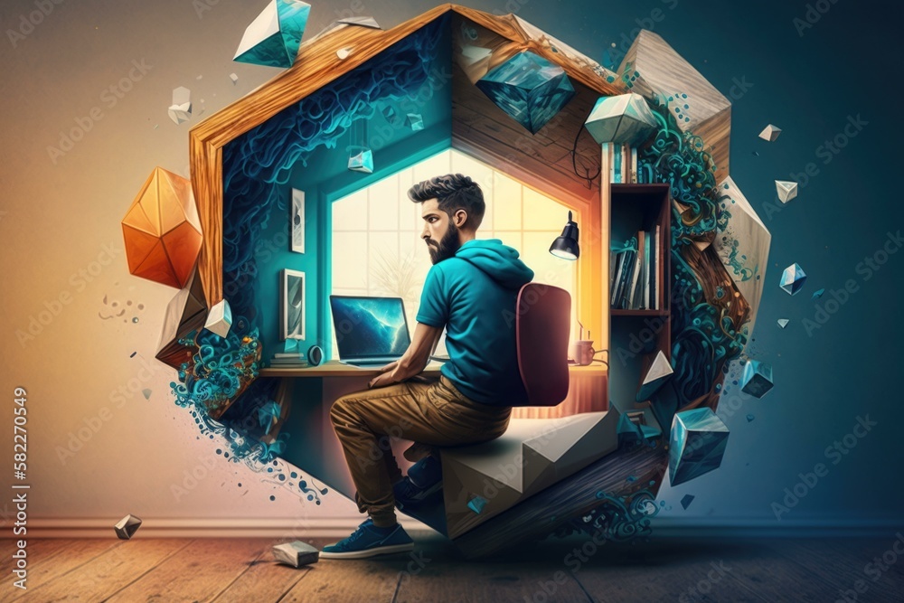 Poster a man sitting at a desk in a house shaped like a computer library graphic design computer graphics