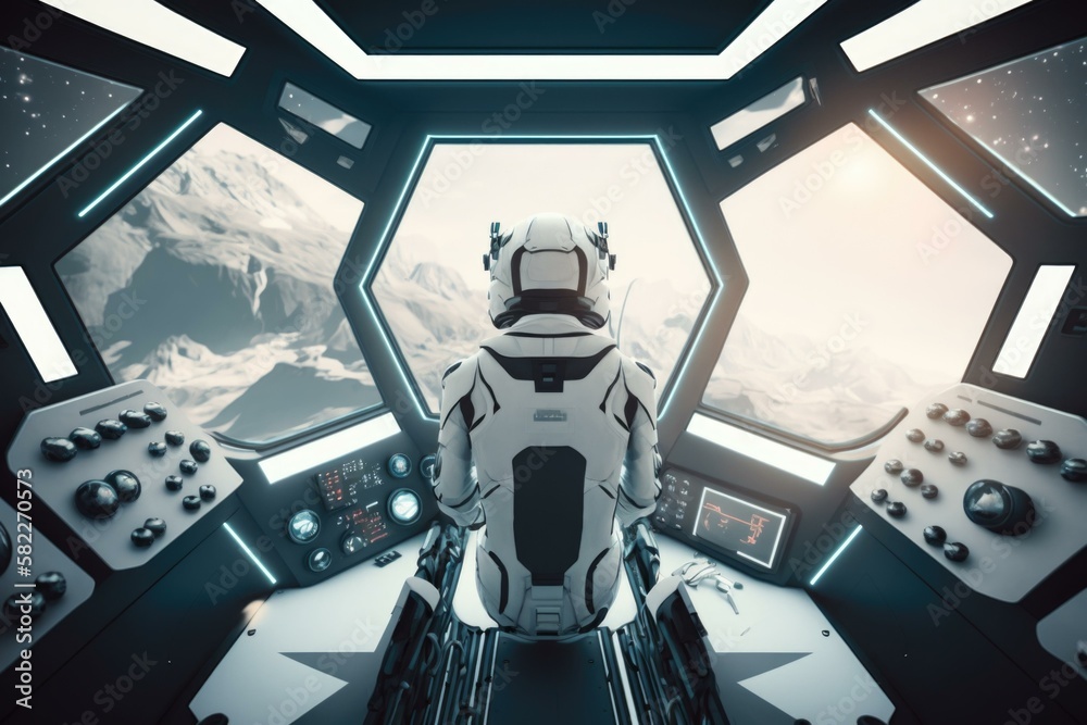 Poster a man in a space suit standing in a space station lunar landscape animation computer graphics genera