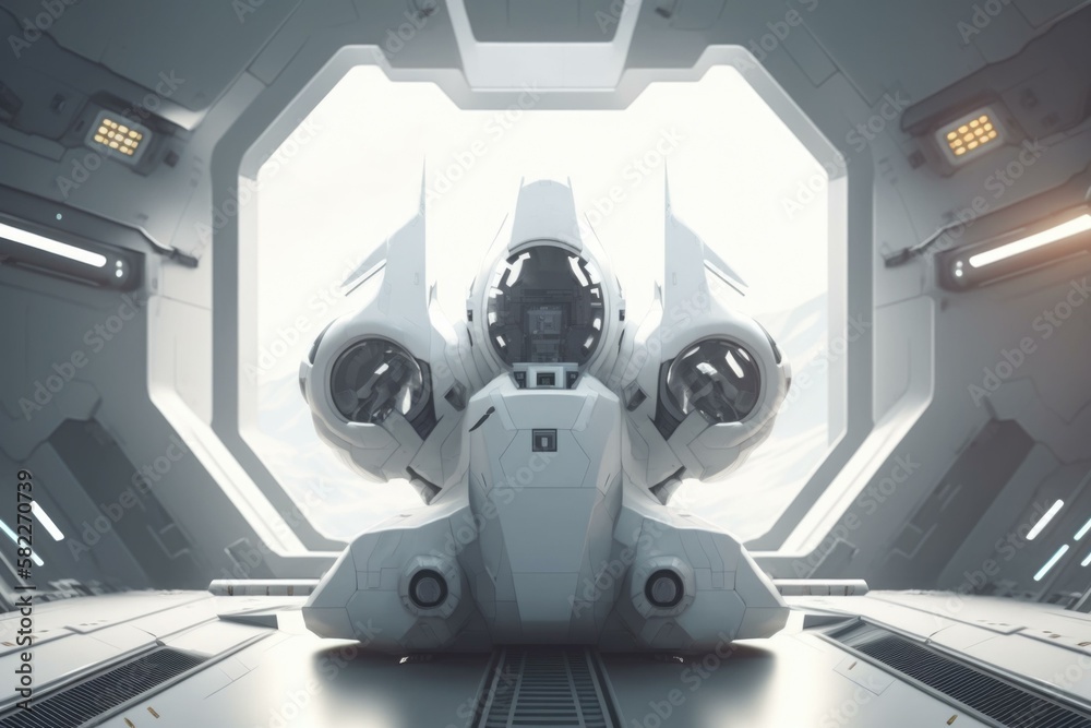 Poster a futuristic space station with a large robot in the center tundra animation motion graphics generat
