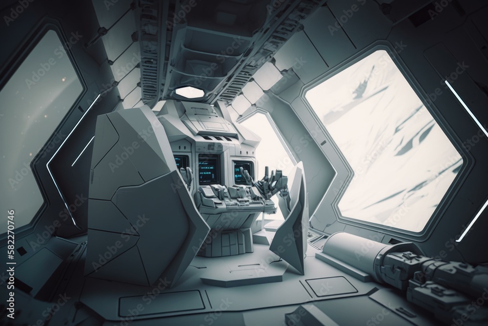 Poster a futuristic space station with a large window and a small screen tundra animation set design genera