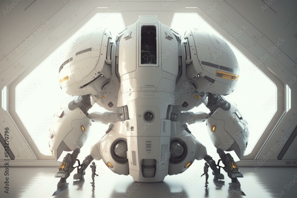 Poster a large white robot standing in a room with a window military base photorealism robotics engineering