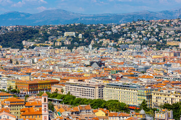 Naklejka premium Nice panorama with Vieille Ville historic old town district with Saint Reparata Cathedral at French Riviera of Mediterranean Sea in France