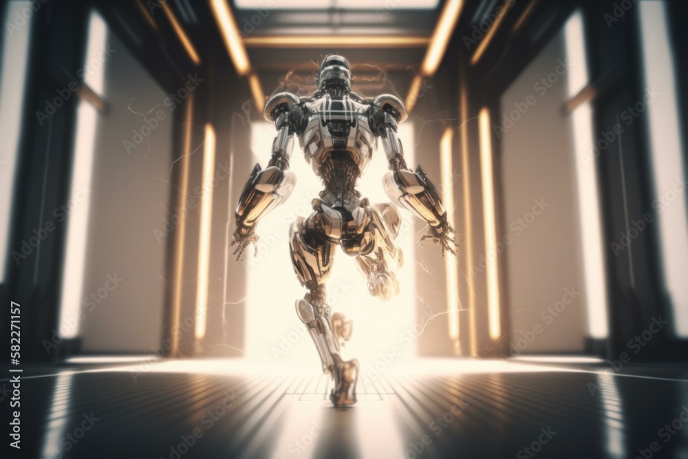 Poster a robot is running through a tunnel in a futuristic building arcade animation artificial intelligenc