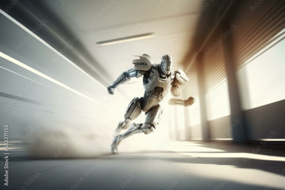 Poster a robot running in a tunnel with a light shining on him arcade time-lapse photography robotics engin