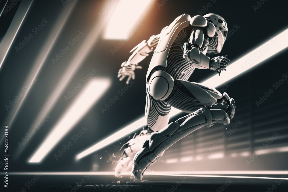 Poster a robot running in a dark room with light coming through sports bar animation robotics engineering g