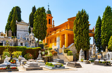 Historic Cimetiere do Chateau Christian Cemetery with Holy Trinity Chapel in historic old town district of Nice at French Riviera of Mediterranean Sea in France