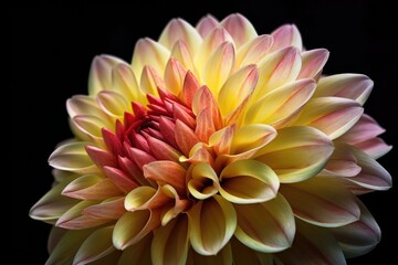 Close up of a lovely pink yellow dahlia blossom. Macroscopic photography. floral backdrop from spring. Nature. Generative AI