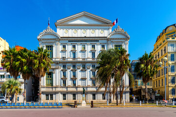 Historic Opera House and Theater hall at Promenade des Anglais along Nice beach on French Riviera...