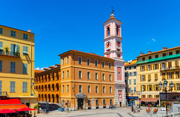 Palais Rusca Palace and Tour de l'Horloge clock tower at Place du Palais de Justice Palace square in historic Vieux Vieille Ville old town of Nice in France