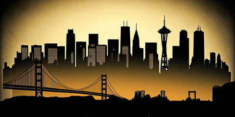 Obraz premium A flat-colored silhouette of the San Francisco skyline at dusk - Generative AI