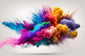 Creative colored dust powder or smoke splash explosion isolated on white background. Colorful ink creativity concept idea. Ai generated