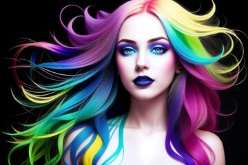 Bright portrait of a girl with colorful long hair, dark lipstick on her lips and bare shoulders. The background is black. AI generative