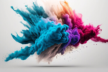 Creative colored dust powder or smoke splash explosion isolated on white background. Colorful ink creativity concept idea. Ai generated