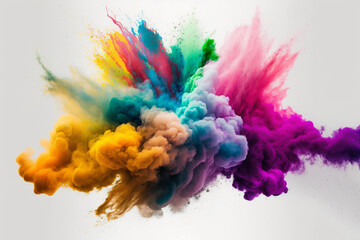 Fototapeta premium Creative colored dust powder or smoke splash explosion isolated on white background. Colorful ink creativity concept idea. Ai generated
