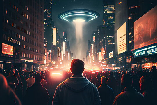 Back view of man looking at alien invasion, UFO flying in the sky above city, concept of evidence and sighting. Generative AI
