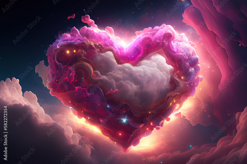 Wall mural dreamy illustration of pink and purple heart shaped clouds in space, galaxy with stars. generative a