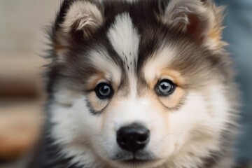 witty and amiable puppy appearance. An adorable little Alaskan Malamute with brown eyes. Fur in gray and white. selective focus on a pet's face; backdrop is blurred. Generative AI - obrazy, fototapety, plakaty