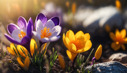 Crocus blooming flowers in early spring. Generative AI.