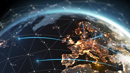 Global Digital Grid Growing Over Earth Looped Net 3d Animation. Ai Neural Networks Covering Planet Illustration. International Airlines. Internet Connections. Business Transaction Lines Worldwide 4k - Powered by Adobe