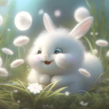 AI Generative, Fummy white rabbit in a summer meadow