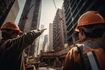 Two workers examining construction project on ground. Generative AI