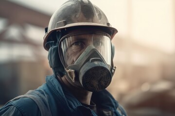 Fototapeta premium Portrait of contractor in workwear and mask on industrial job. Generative AI