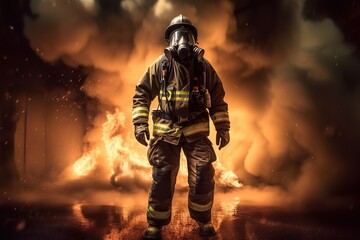 Fototapeta premium Portrait of firefighter wearing protective facial mask, fire on background. Generative AI