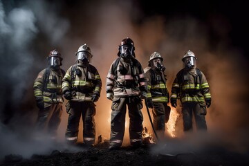 Firefighter team, a portrait of heroism and urgency. Generative AI
