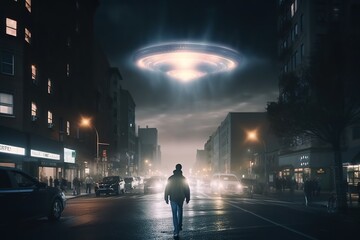 Back view of man looking at alien invasion, UFO flying in the sky above city, concept of evidence and sighting. Generative AI