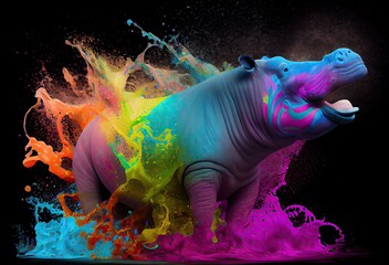 Hippo Rainbow Multi Color Splash In Awesome Style Generative AI