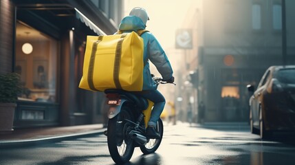 Delivery man on scooter driving on the street of city. Food delivery app. Generative AI