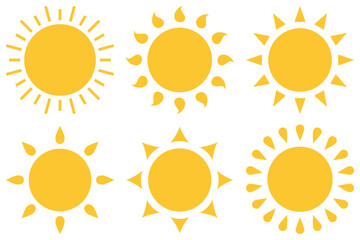 Sun icon set, yellow color hot, warm sunny summer flat style vector design. Sunlight, nature, sky object illustration graphic symbol isolated on white background.
