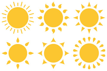 Sun icon set, yellow color hot, warm sunny summer flat style vector design. Sunlight, nature, sky object illustration graphic symbol isolated on white background.