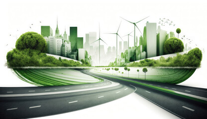Modern green sustainable highway, city background. Generative AI
