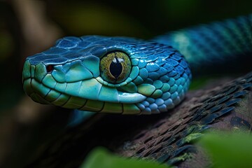 Fototapeta premium Blue insularis, a viper snake with a close up face, Trimeresurus Insularis, and an animal. Generative AI