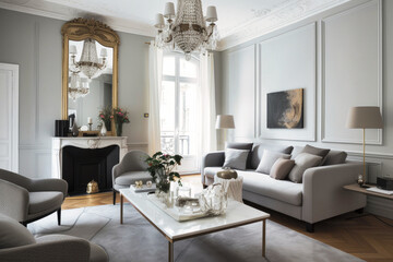 Fototapeta na wymiar A Parisian chic style room interior design features a harmonious blend of elegant and timeless furniture pieces with unique accents and sophisticated details - Generative AI