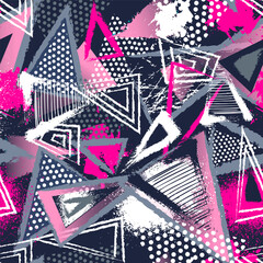 Abstract seamless chaotic pattern with urban geometric elements, scuffed, drops, triangles, spots, sprays Grunge neon texture background. Wallpaper for boys and girls