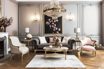 A Parisian chic style room interior design features a harmonious blend of elegant and timeless furniture pieces with unique accents and sophisticated details - Generative AI