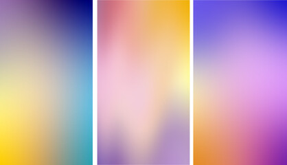 Unusual backgrounds for stories, set of 3 vertical images. Abstract blue yellow blurred backdrop. gradient