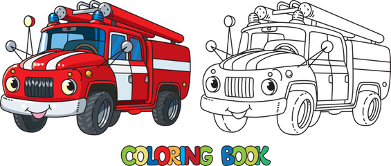 Fire truck or machine coloring book for kids. Small funny vector cute retro car with eyes and mouth. Children vector illustration. Fire engine