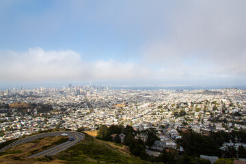 Aerial views of San Francisos cityscape in its classic fog.