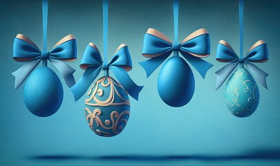  a group of blue eggs hanging from a line of blue ribboned eggs with bows on a blue background with a blue wall behind them.  generative ai
