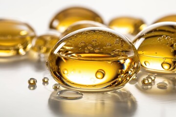 Abstract golden yellow face serum or oil bubbles on a white background. macro picture of oil bubbles. Generative AI