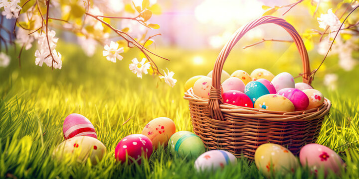 Spring easter decoration. Colorful eggs in a basket in spring sunny blooming cherry orchad. generative ai. Beautiful natural easter banner with copy space