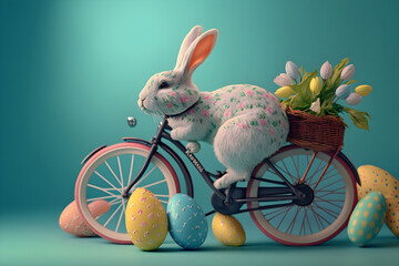 Easter funny rabbit on a bicycle, colored eggs on a blue background, Generative AI 2